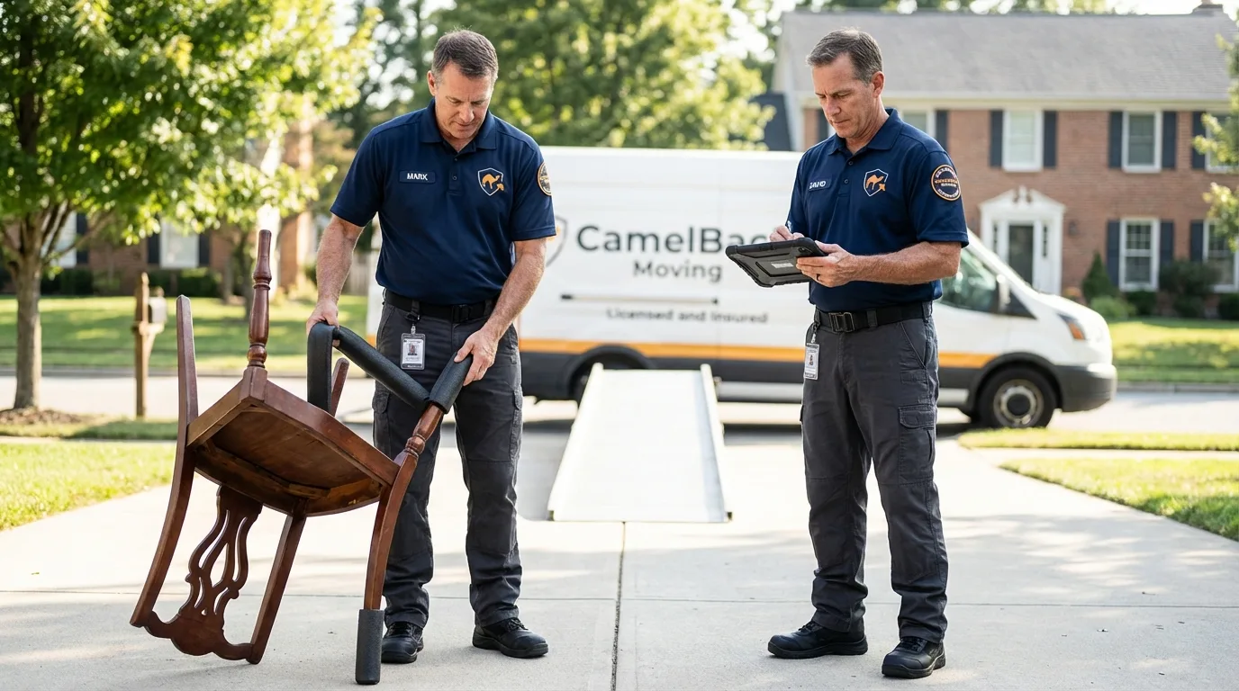 Movers inspecting furniture for damage prevention before loading in Andover, MA