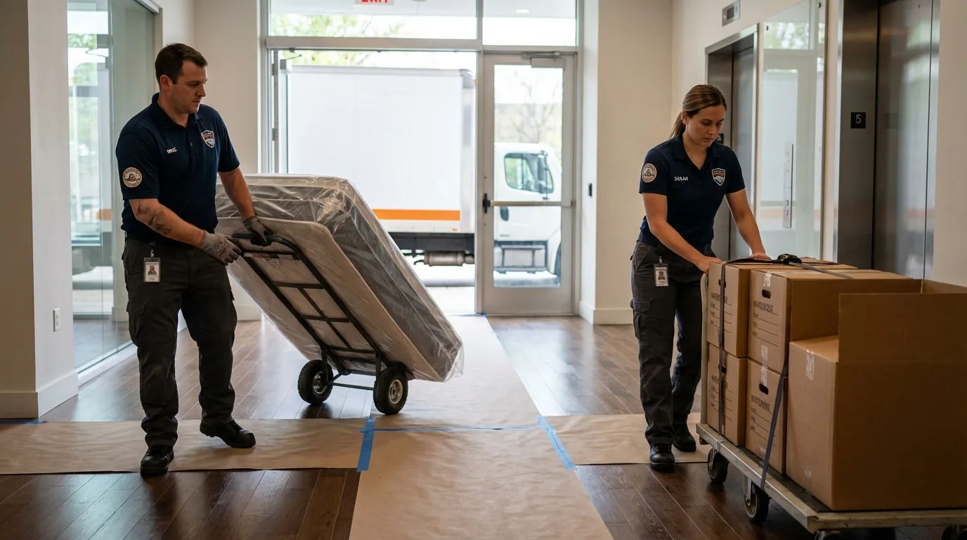 Professional apartment movers loading elevator in Andover, MA