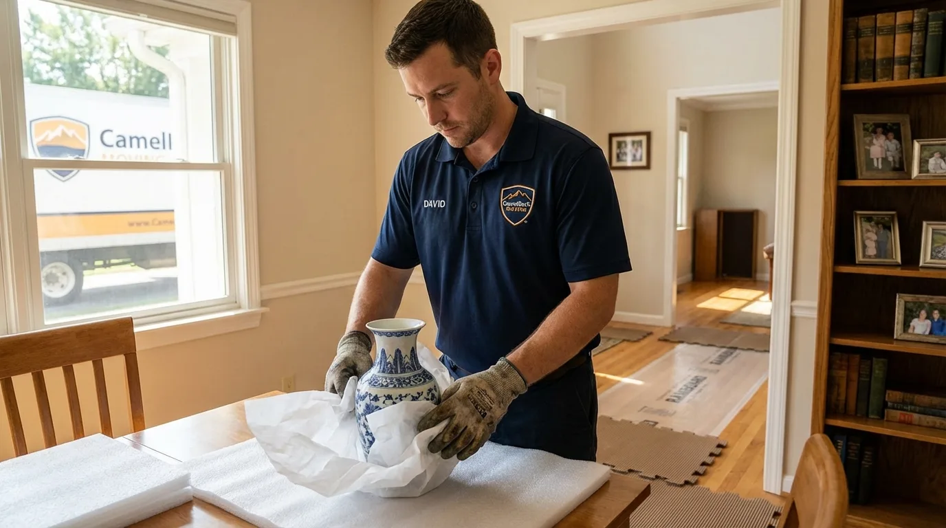 Professional crew carefully wrapping antique vase for senior downsizing move in Andover, MA
